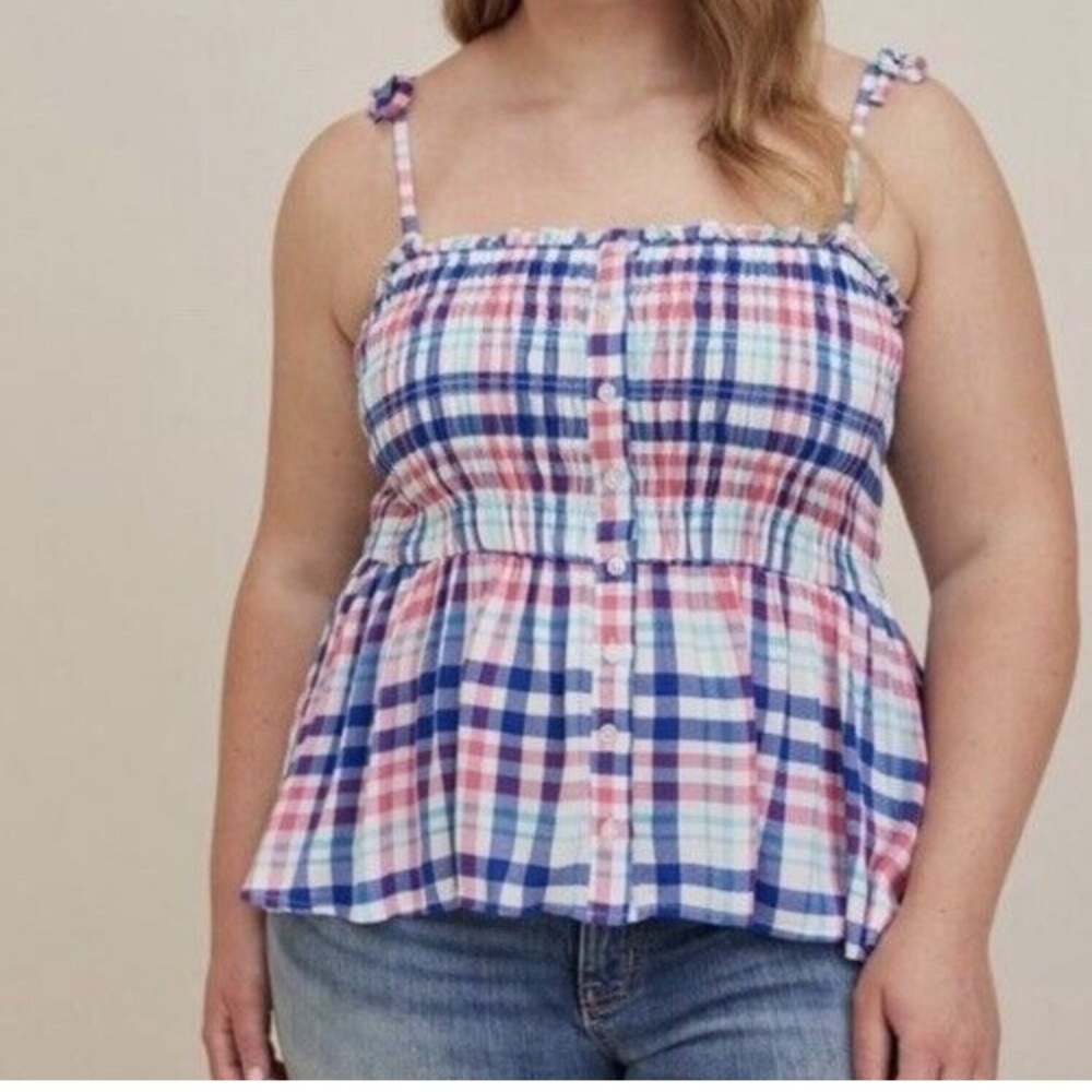 TORRID PEPLUM CRINKLE GAUZE PLAID PINK BLUE SMOCKED BODICE CAMI 4X PLUS TOP